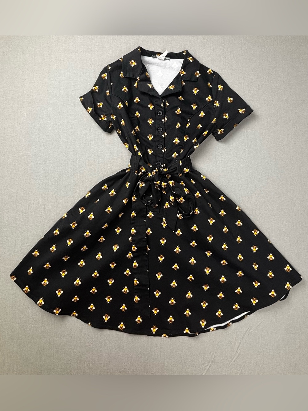 Eva Rose Dress Womens Small (XS) Black Bee Print Shirt Dress Fit & Flare Belted